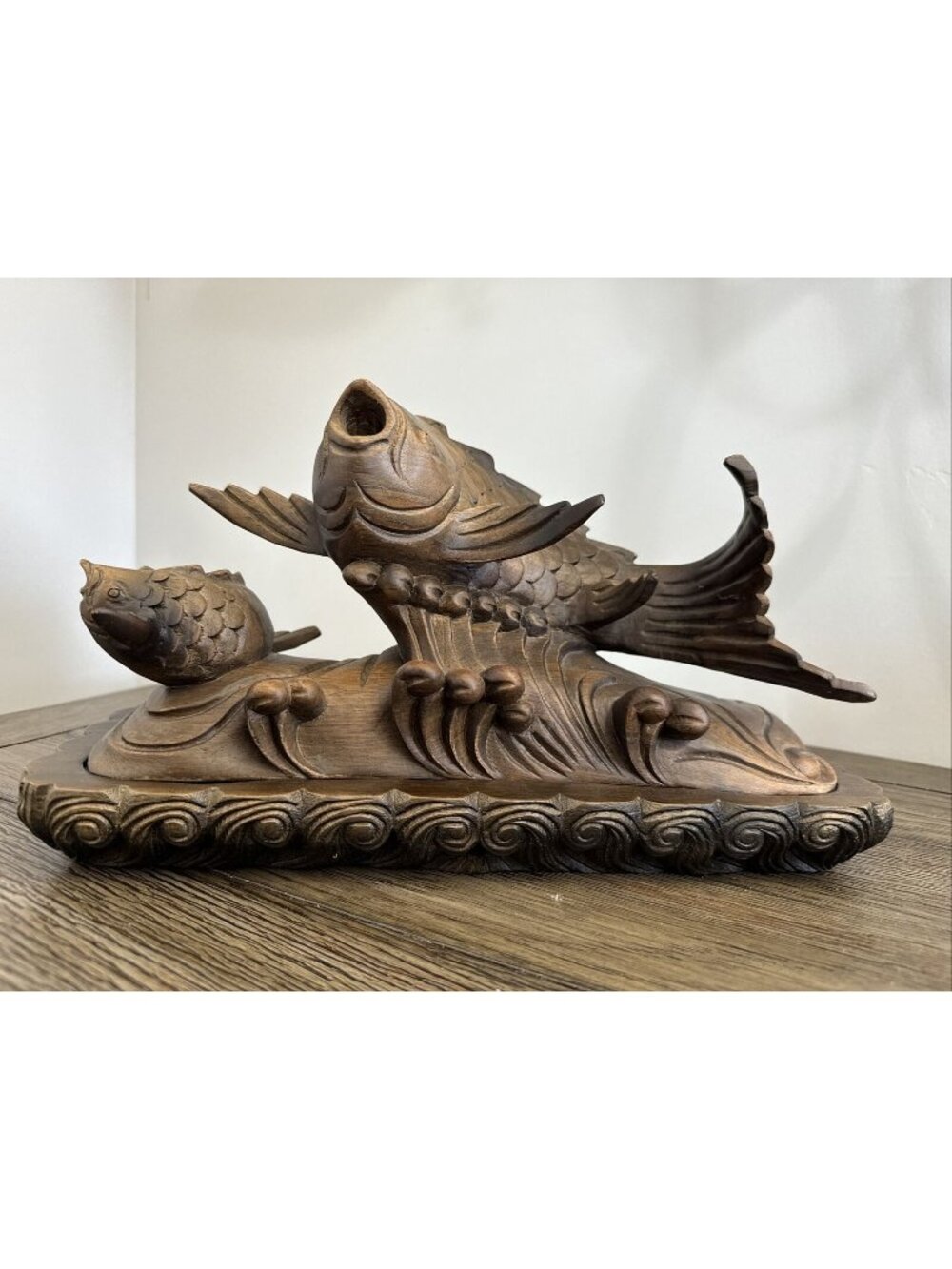 Smoking Carp Leaping Over The Dragon Gate Boxwood Hand Carved Vtg Decor Candle - Picture 1 of 16